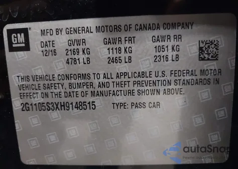 2017 Chevrolet Impala 1Lt from USA, damaged, VIN 2G1105S3XH9148515